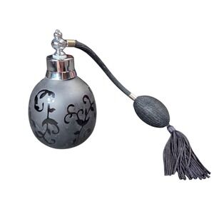 Vintage Black Atomizer Etched Glass Perfume Bottle Chrome Spray Fragrance‎